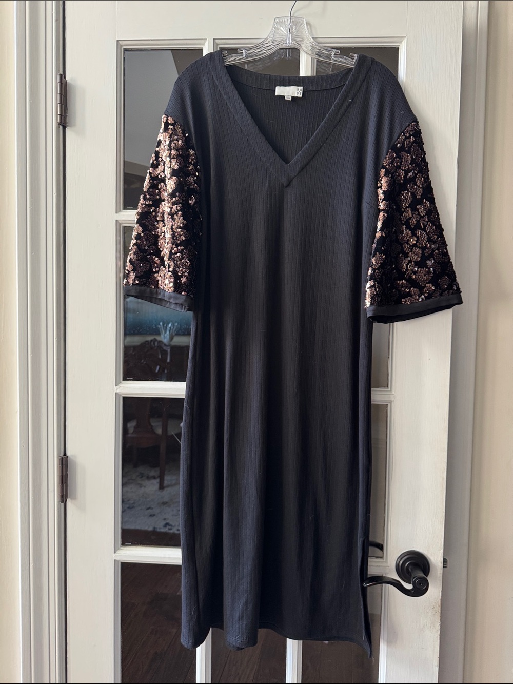Anthropologie Black Midi Dress with Rose-Gold Sequin Sleeves